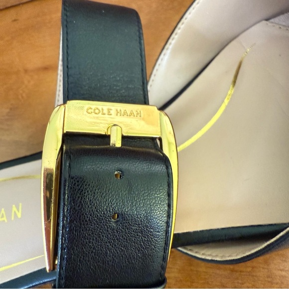 NWOT Cole Haan Vandam gold Buckle flat mules black leather woman’s 9 shoes new - Picture 5 of 8